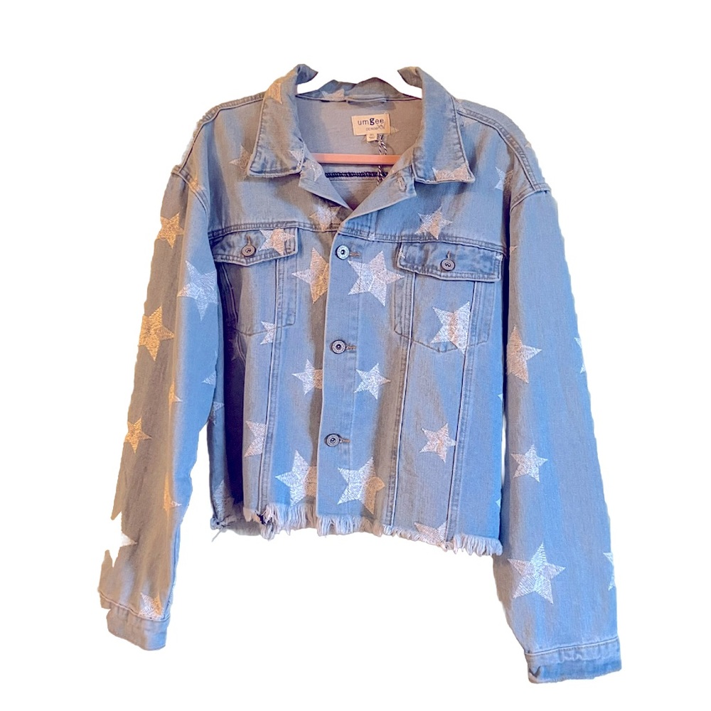 NWOT UMGEE Denim jacket with embroidered white stars and frayed hem